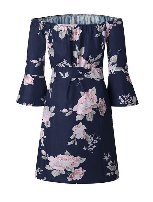 Boat Neck Women Floral Print Casual Dress with Belt