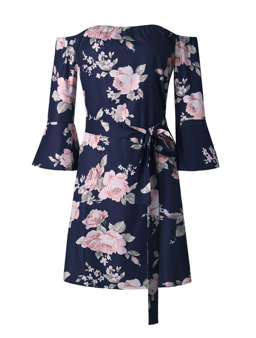 Boat Neck Women Floral Print Casual Dress with Belt