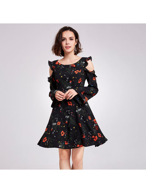 Alisa Pan Cold Shoulder Casual Dress Women's Floral Long Sleeve Party Dress 05899