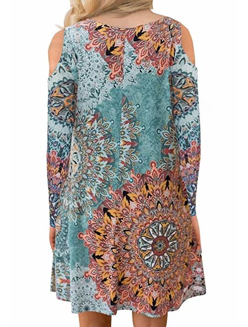 Women's Cold Shoulder Casual Sundress T-Shirt Dress for Summer with Pockets