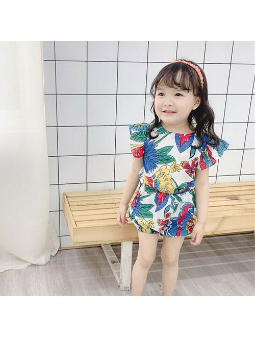 Casual Girls Cute Ruffles Sleeve Cotton Sweet Floral Print Stitching Jumpsuit
