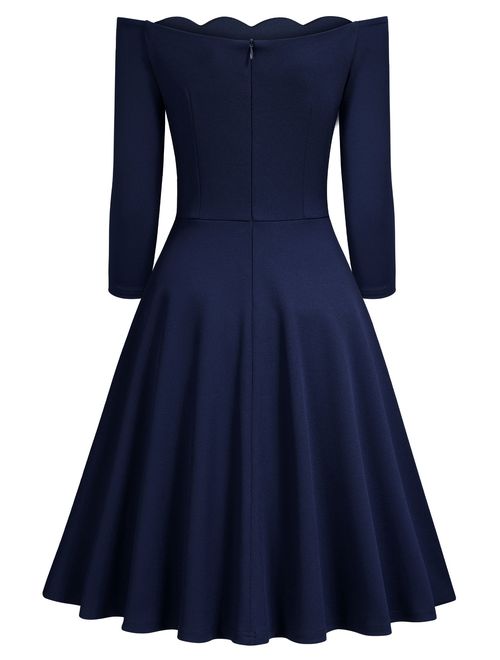 Women's Off Shoulder Swing Dresses,Vintage 1950s Casual Cocktail Party Dresses (Navy Blue,L)