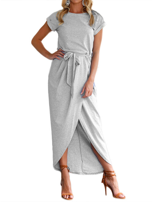 DYMADE Women's Short Cap Sleeve Plain Dress Front Slit Summer Long Maxi Dress