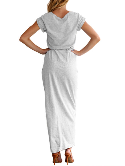 DYMADE Women's Short Cap Sleeve Plain Dress Front Slit Summer Long Maxi Dress