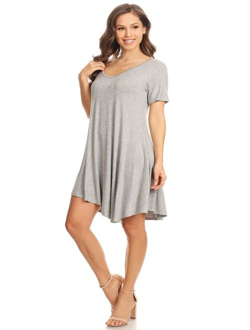 MOA COLLECTION Women's Solid Casual Lightweight Relaxed Fit Short Sleeve Knit Tunic Top Dress
