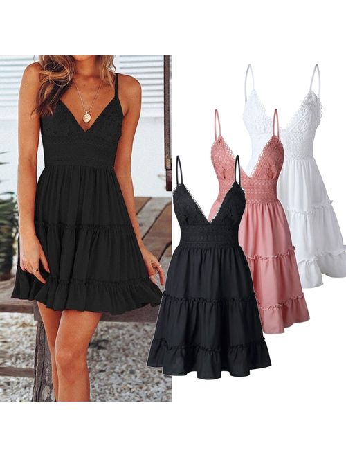 Fashion Women Strap Lace Backless Summer Beach Party Skater A Line Mini Dress