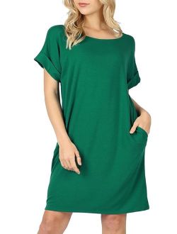 MOA COLLECTION Women's Solid Casual Comfy Soft Roll Up Short Sleeve Relax Fit Pocket Mini Midi Dress