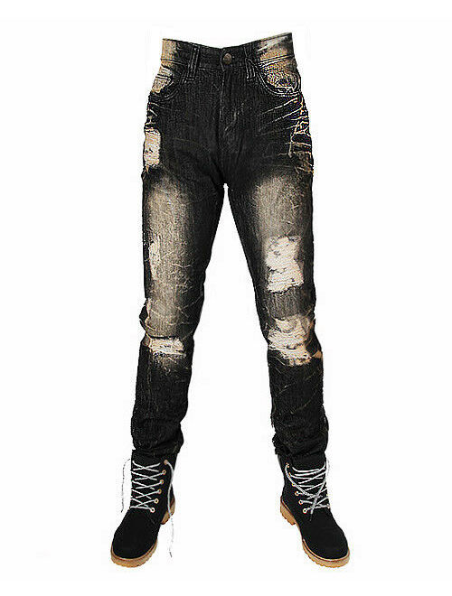 Mens premium Vintage Denim ripped jeans Black slim fit skinny Pants by Mousai