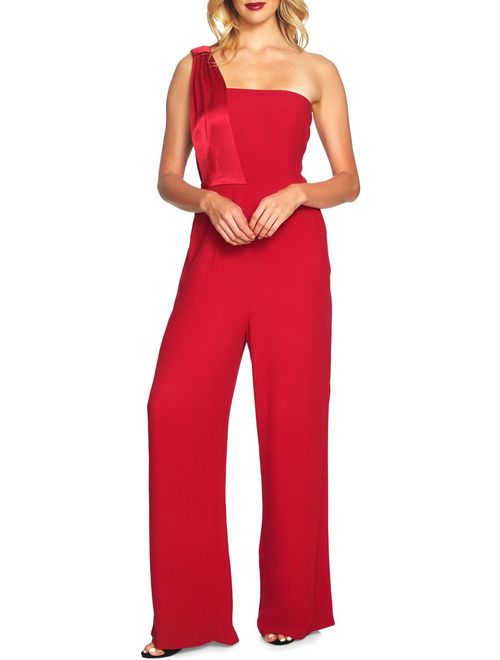 1.State Womens One Shoulder Mixed Media Jumpsuit Red 0