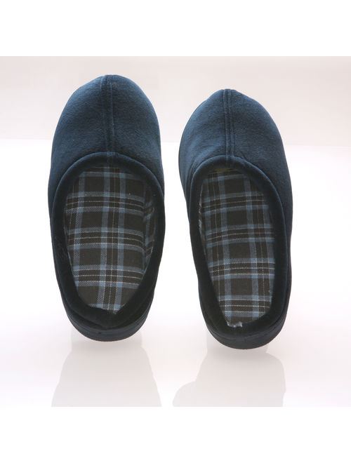 Deluxe Comfort Men's Slip-On House Slipper, Size 9-10 Comfortable Foam Cushioning Classic Checkered Plaid Lining Durable Non-Marking Rubber Sole Men's Slippers, Blue