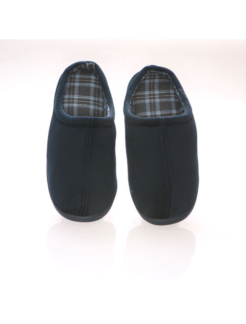 Deluxe Comfort Men's Slip-On House Slipper, Size 9-10 Comfortable Foam Cushioning Classic Checkered Plaid Lining Durable Non-Marking Rubber Sole Men's Slippers, Blue