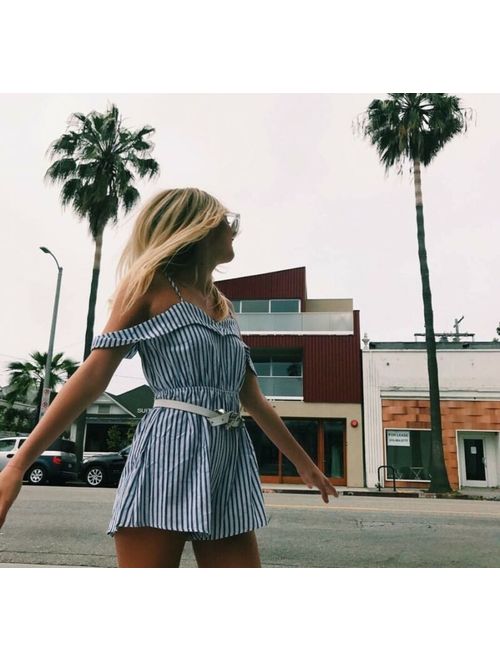 LF navy blue/white striped sweetheart neck cold shoulder romper sz S NWT