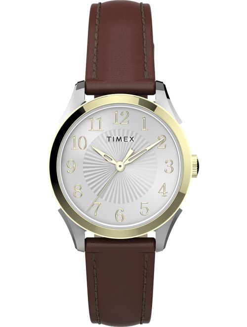 Timex Women's Briarwood 28mm Two-Tone Watch, Brown Genuine Leather Strap