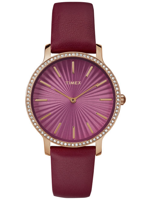Timex Women's Metropolitan Starlight 34mm Burgundy/Gold-Tone Watch, Leather Strap