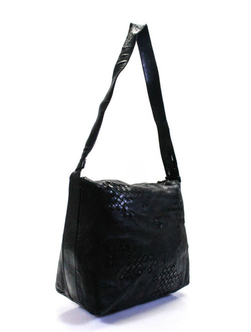 Bottega Veneta Womens Leather Woven Crossbody Shoulder Handbag Black Size Medium