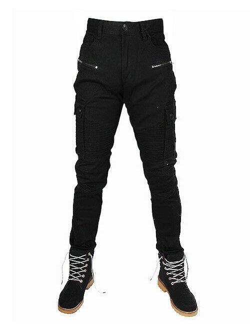 Mens premium Denim Slim Cargo Fit Black jeans Urban Biker Pants With Zipper Trim