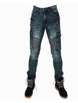 Mens premium Vintage Denim Slim Cargo jeans Urban Biker Pants by Bleeker&Mercer