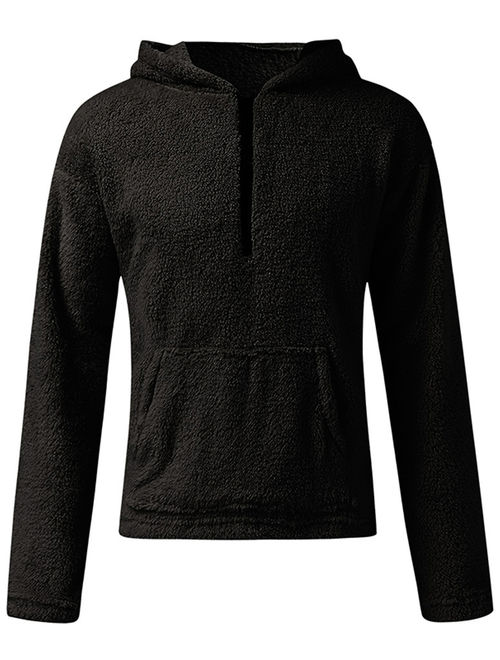 Men's Fluffy Fleece Hooded Coat Long Sleeve Tops Zipper Pullover Sweatshirts