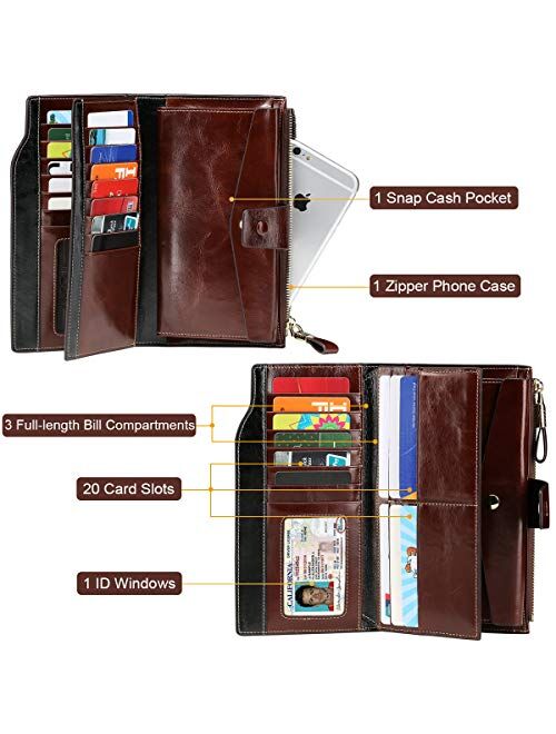 Itslife Women's Wallet RFID Blocking Large Capacity Luxury Wax Genuine Leather Wallet Card Holder Clutch Organizer Ladies Purse
