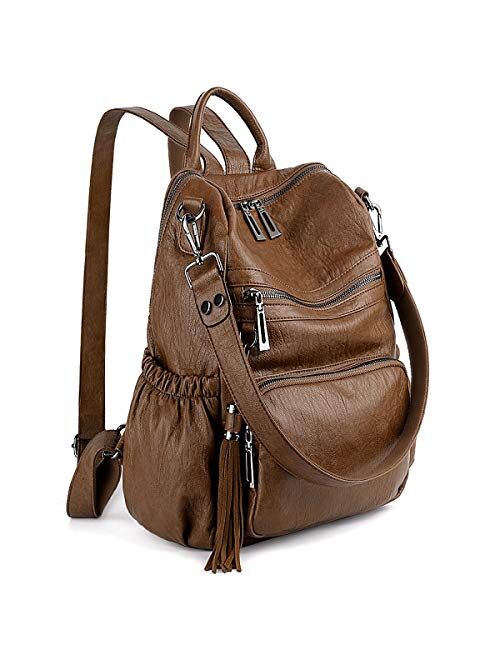 UTO Women Backpack Purse PU Washed Leather Convertible Ladies Rucksack Tassel Zipper Pocket Crossbody Shoulder Bag CA