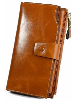 YALUXE Genuine Leather Wallet Women's RFID Blocking Large Capacity Luxury Wax Clutch Multi Card Organizer