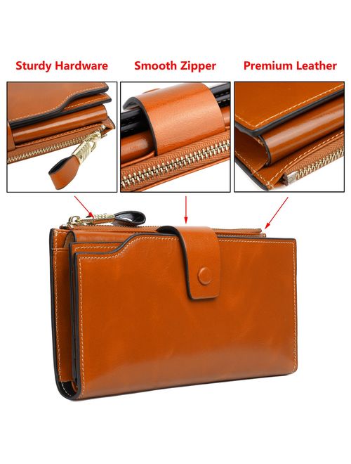 YALUXE Women's Large Capacity Luxury Wax Genuine Leather Wallet With Zipper Pock 