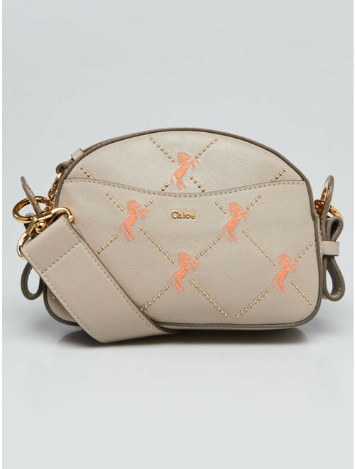 Chloe Pastel Grey Leather Embroidered Horse Shoulder Bag