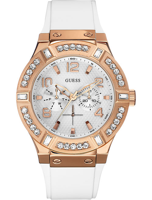 Guess W0614L1,Ladies Casual,Multi-function,stainless steel,Rose gold tone,silione strap,Crystal Accented Bezel,WR