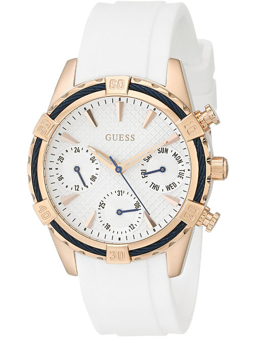 GUESS Women's W0562L1,dress,Multi-function,Rose Gold Tone Case,White silicone Strap,WR