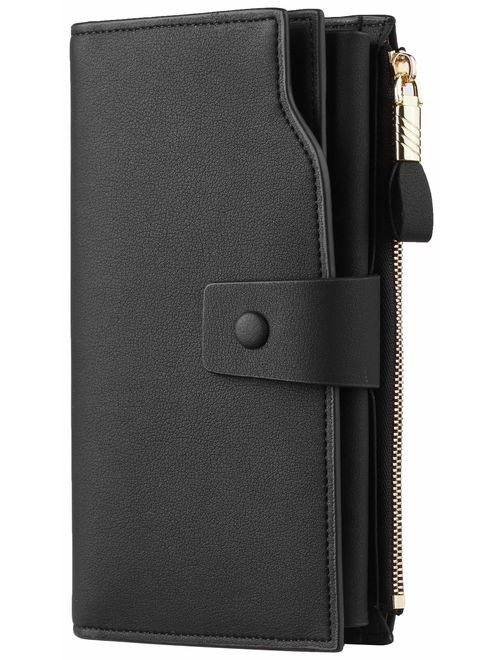 Travelambo Womens RFID Blocking Large Capacity Luxury Waxed Genuine Leather Clutch Multi Card Wallet