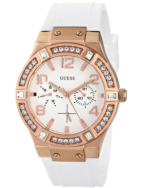 GUESS Women's U0426L1,Jet Setter Multi-function,Rose Gold Tone Case,White Silicone Strap,Crystal Accented Bezel,100m WR