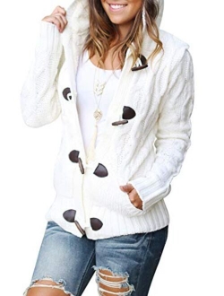 Sidefeel Women Hooded Knit Cardigans Button Cable Sweater Coat
