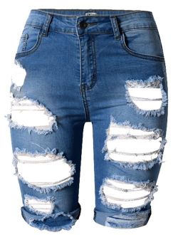 OLRAIN Womens High Waist Ripped Hole Washed Distressed Short Jeans