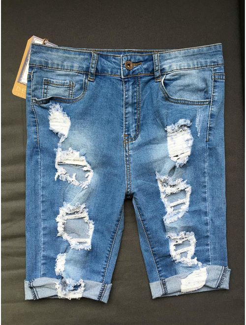 OLRAIN Womens High Waist Ripped Hole Washed Distressed Short Jeans