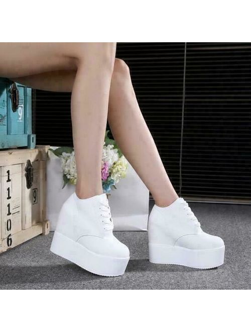 Women Girls Hidden Wedge Heels Creepers Athletic Trendy Platform Lace Up Shoes