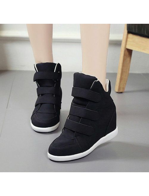 New Womens High Top Hidden Wedge Heel Sneakers Increased Casual Ankle Shoes