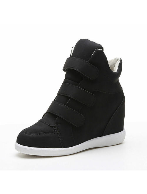 New Womens High Top Hidden Wedge Heel Sneakers Increased Casual Ankle Shoes