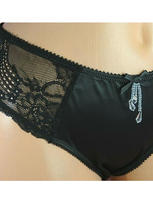 SATIN French Lace Black exotic Sissy beaded NWT Affinitas Bikini Panties XS S L