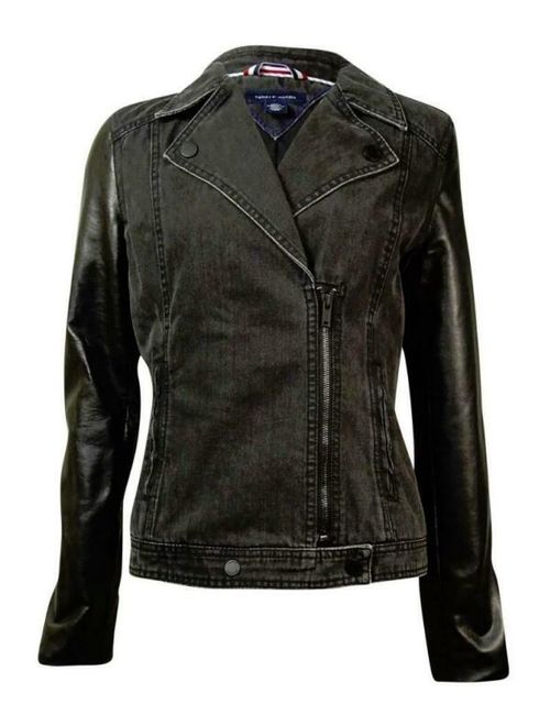 Tommy Hilfiger Jean Jacket Grey Pleather Sleeve Denim Moto Size L NWT $149