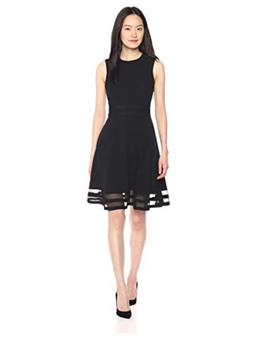 Calvin Klein Women's Sleeveless Round Neck Fit and Flare Dress with Sheer Inserts at Hem