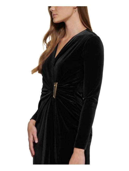 Calvin Klein Women's Faux-Wrap Long-Sleeve Velvet Sheath Dress