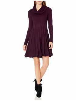 Women's Long-Sleeve Cowl-Neck Fit & Flare Sweater Dress