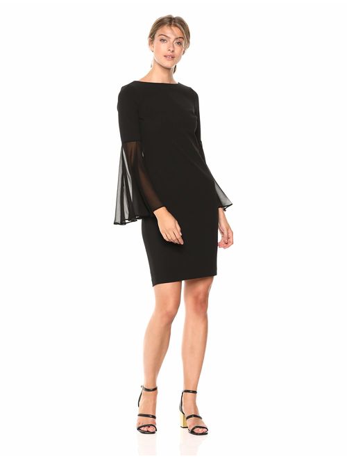 Calvin Klein Women's Solid Sheath with Sheer Bell Sleeve Dress