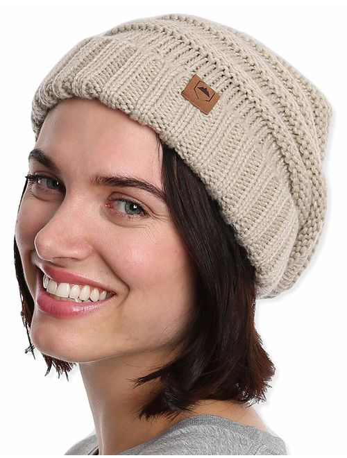 Slouchy Cable Knit Beanie for Women - Warm & Cute Oversized Slouch Beanie Winter Hats - Thick, Chunky & Soft Stretch Knitted Caps for Cold Weather - Stylish & Trendy Snow