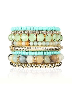 Multi Color Stretch Beaded Stackable Bracelets - Layering Bead Strand Statement Bangles