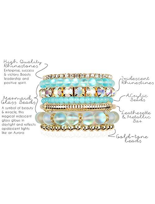 RIAH FASHION Multi Color Stretch Beaded Stackable Bracelets - Layering Bead Strand Statement Bangles
