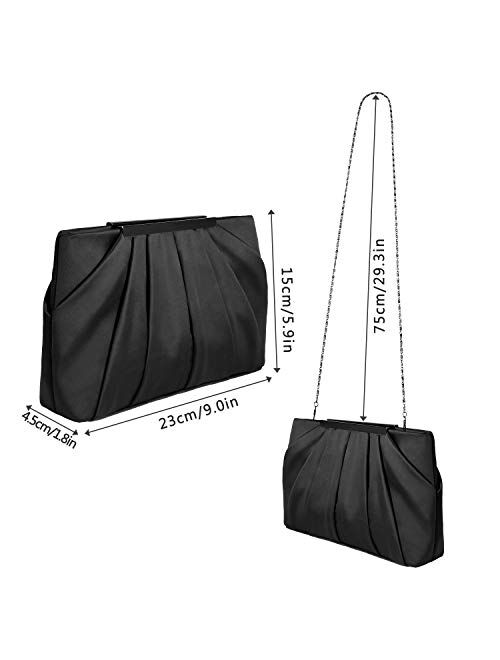 Womens Pleated Satin Evening Handbag Clutch With Detachable Chain Strap Wedding Cocktail Party Bag
