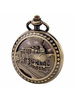 Antique Mens Pocket Watch Skeleton Mechanical Hollow Bronze Case 3D Steam Train Railroad Roman Numerals