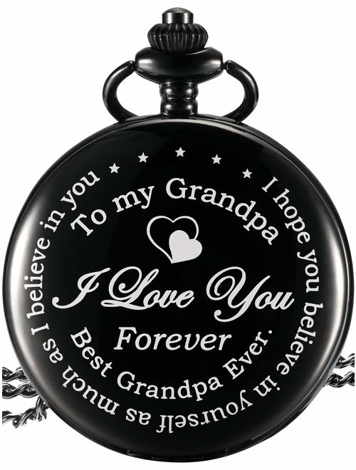 Hicarer Pocket Watch Gift for Grandpa - Best Grandpa Ever, I Love You Forever - from Granddaughter Grandson to Grandpa Pocket Watch with Chain (Grandpa Gifts, Black Roman