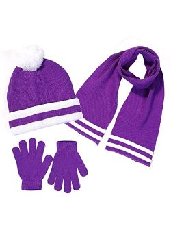 S.W.A.K Kids Girls Knit Pompom Beanie Hat Scarf and Gloves Set One Size Fits Most (See More Colors)
